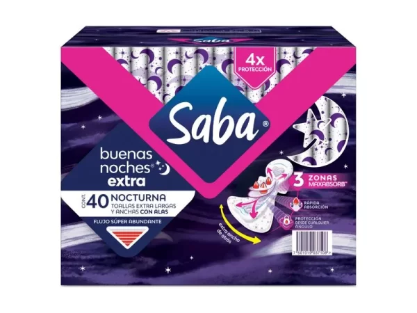 TOALLAS FEMENINAS SABA BUENAS NOCHES EXTRA FLUJO SÚPER ABUNDANTE CON ALAS - 40 UDS