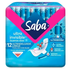 TOALLAS FEMENINAS SABA ULTRA INVISIBLE ULTRADELGADA LARGA FLUJO ABUNDANTE CON ALAS - 12 UDS