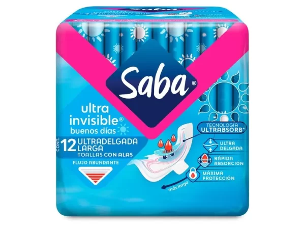 TOALLAS FEMENINAS SABA ULTRA INVISIBLE ULTRADELGADA LARGA FLUJO ABUNDANTE CON ALAS - 12 UDS