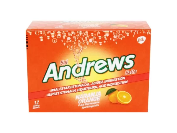 POLVO EFERVESCENTE ANTIÁCIDO, SAL ANDREWS SABOR NARANJA, CAJA 12 SOBRES