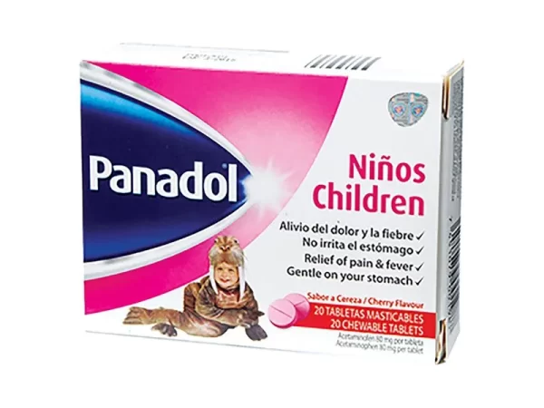 ANALGÉSICO ACETAMINOFÉN, PANADOL NIÑOS SABOR CEREZA MASTICABLES, CAJA 20 TABLETAS