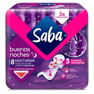 TOALLAS FEMENINAS SABA BUENAS NOCHES FLUJO SÚPER ABUNDANTE CON ALAS - 8 UDS