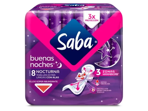 TOALLAS FEMENINAS SABA BUENAS NOCHES FLUJO SÚPER ABUNDANTE CON ALAS - 8 UDS