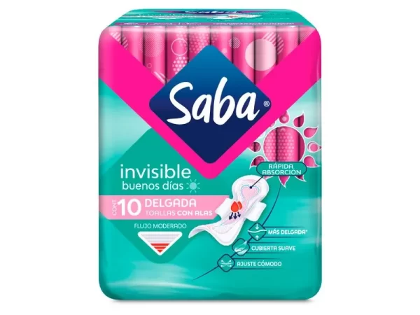 TOALLAS FEMENINAS SABA INVISIBLE DELGADA FLUJO MODERADO CON ALAS - 10 UDS