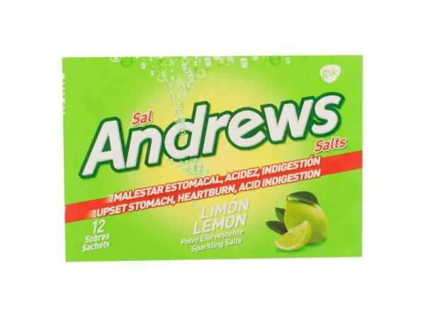 POLVO EFERVESCENTE ANTIÁCIDO SAL ANDREWS SABOR LIMÓN, CAJA 12 SOBRES